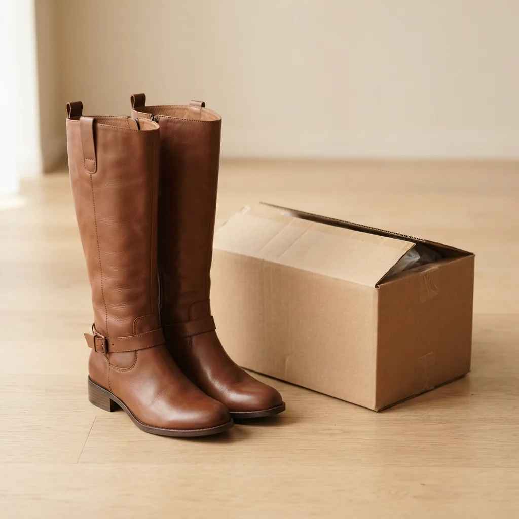 A pair of unbranded knee high boots beside a plain shipping box on a bright studio floor
