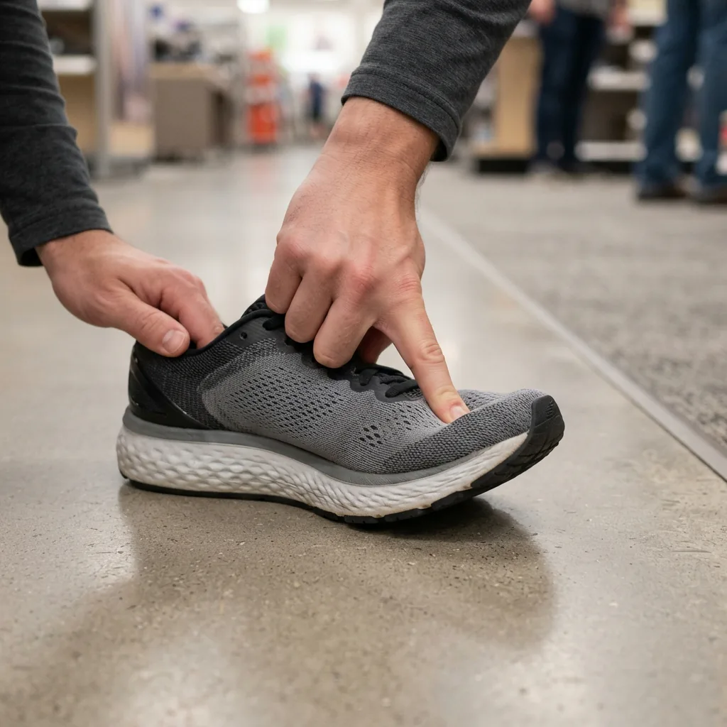 A hand checking toe-room space at the front of a running shoe while another hand holds the heel