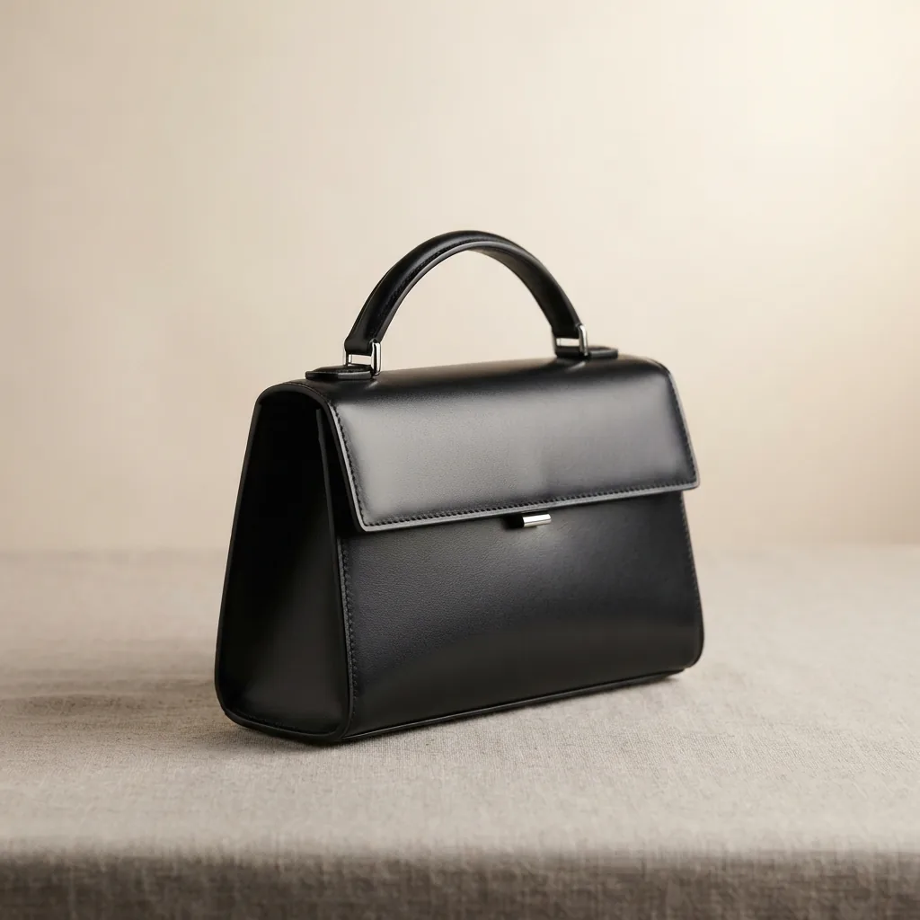 Elegant compact handbag with a refined finish displayed on a soft neutral studio surface
