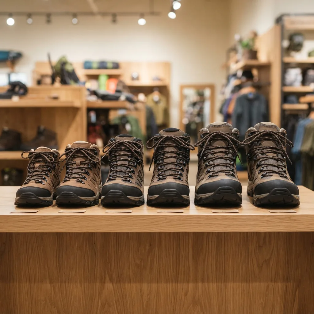 Row of hiking boots in different sizes lined up on a wooden retail shelf
