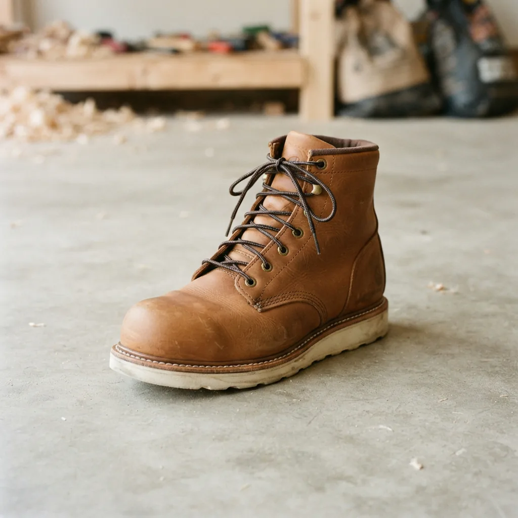 A tan Carhartt Frontier soft toe work boot on a shop floor.