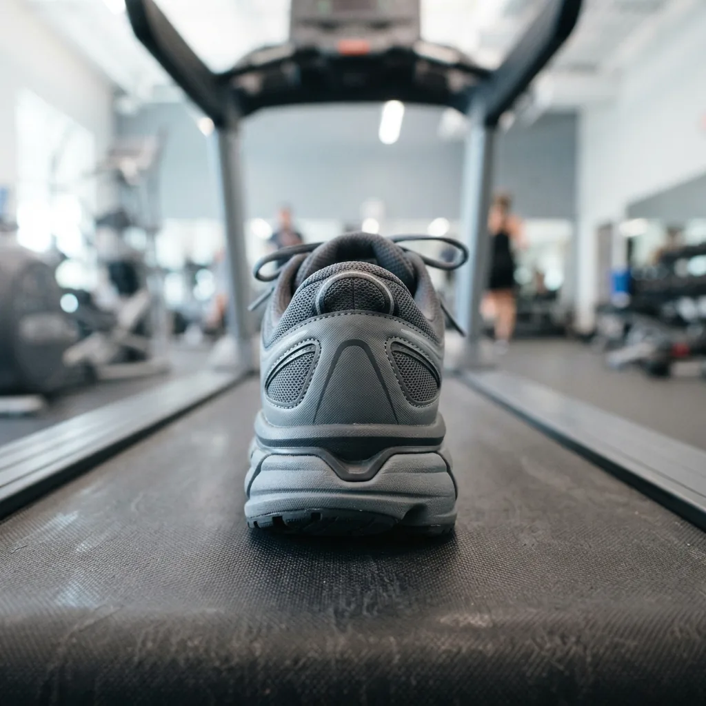 Rear view of a running shoe heel and midsole on a treadmill belt showing structured stability support