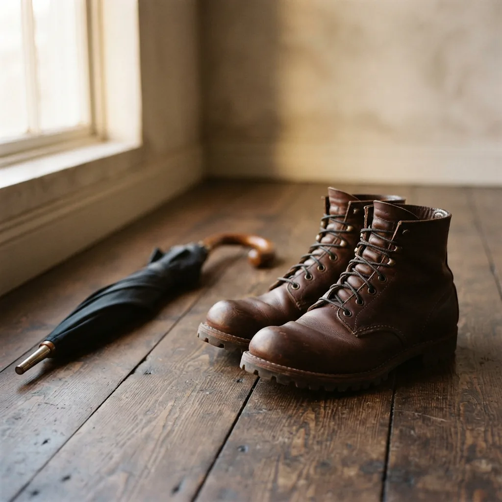 Pair of unbranded men's leather boots standing on a dark wooden floor beside a closed umbrella