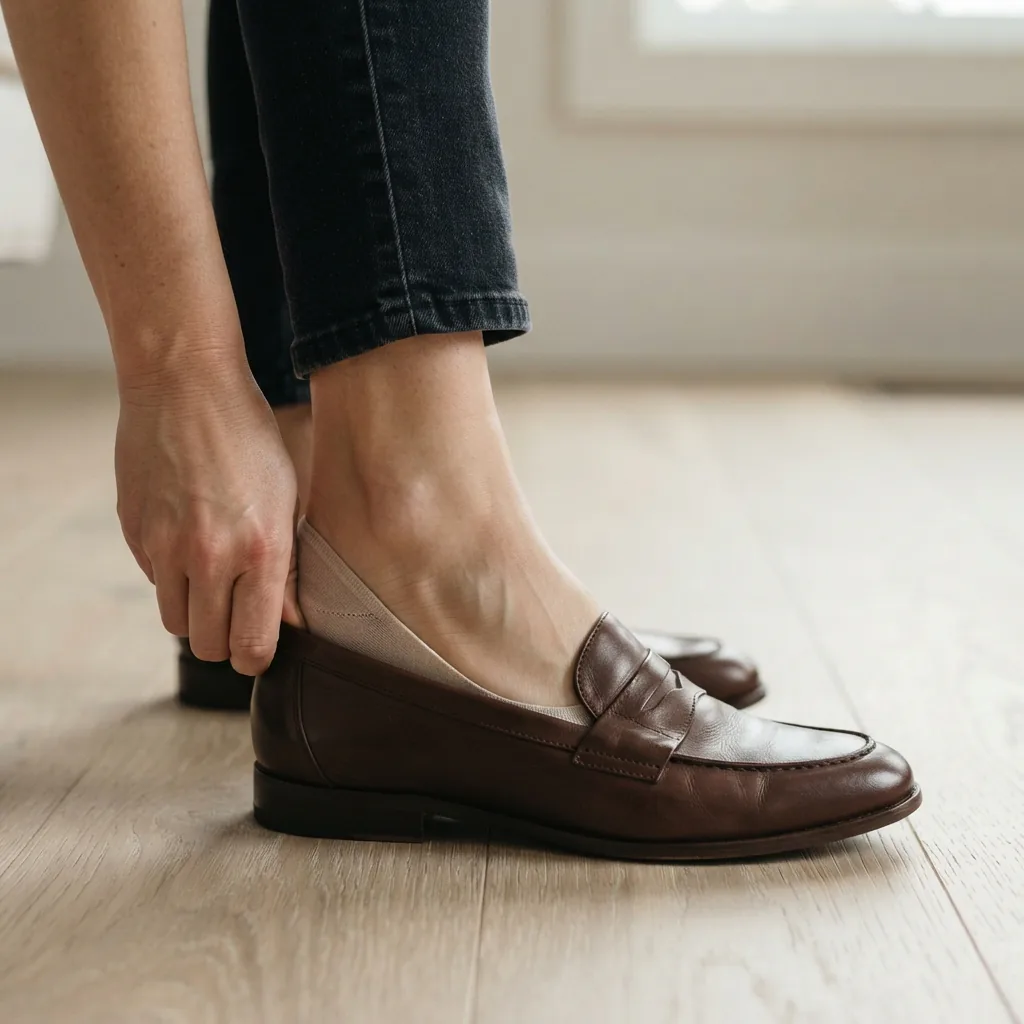 One adult woman sliding her foot into a leather loafer, visible from the shin down