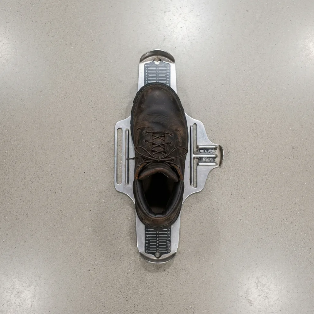 A work boot being measured with a foot-length gauge on a retail floor.