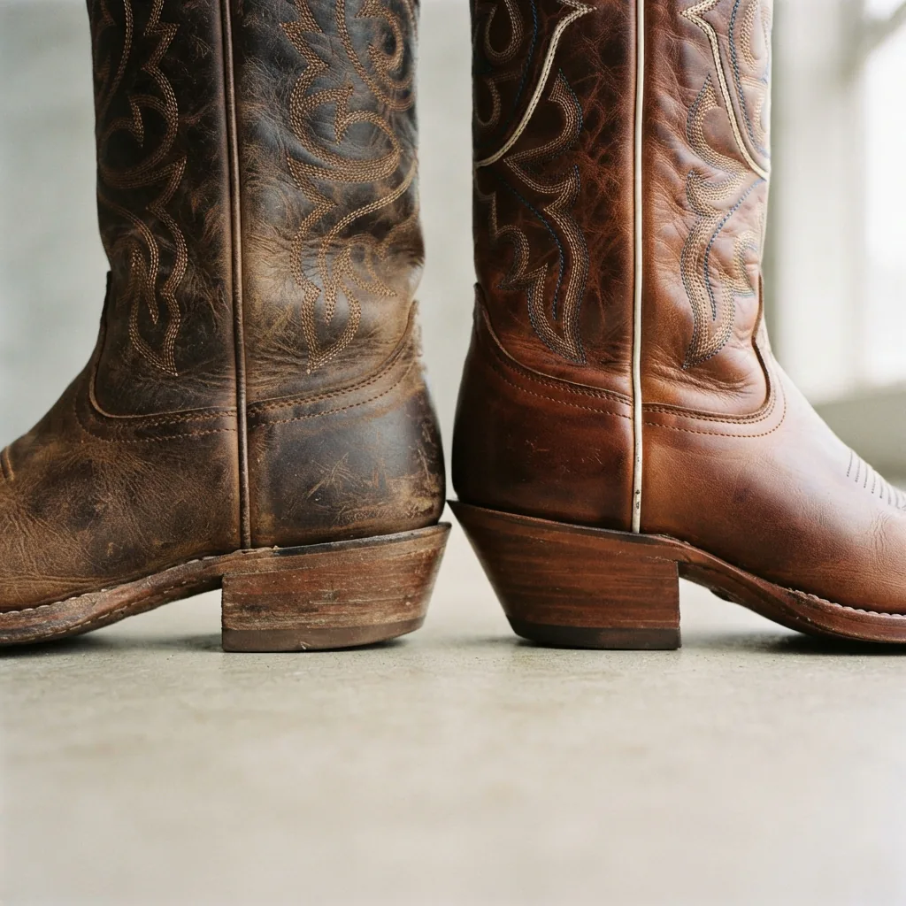 Close view of stacked and sculpted heels on two western cowboy boots
