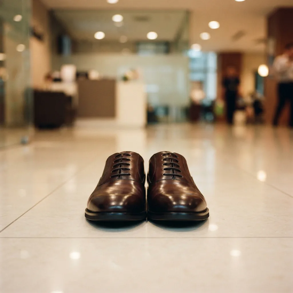 Leather work oxford shoes on a tiled office lobby floor