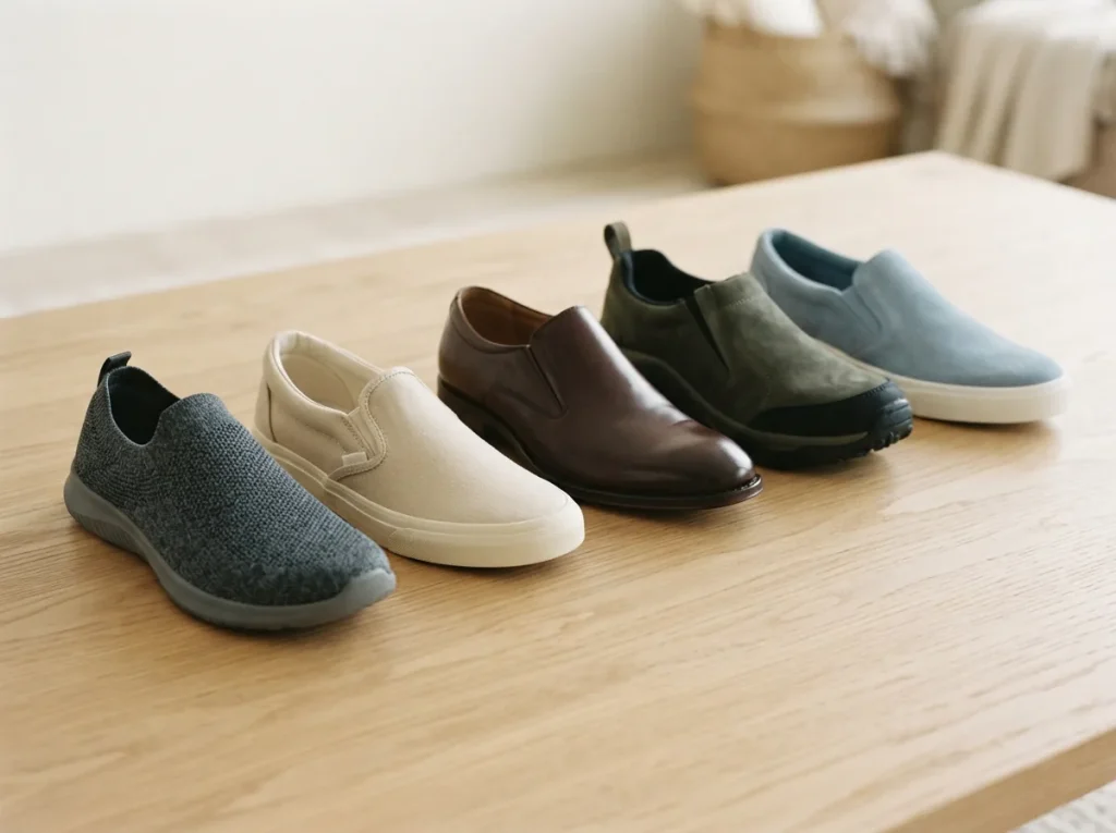 Five slip-on shoes in different materials arranged in a diagonal row on a light oak surface