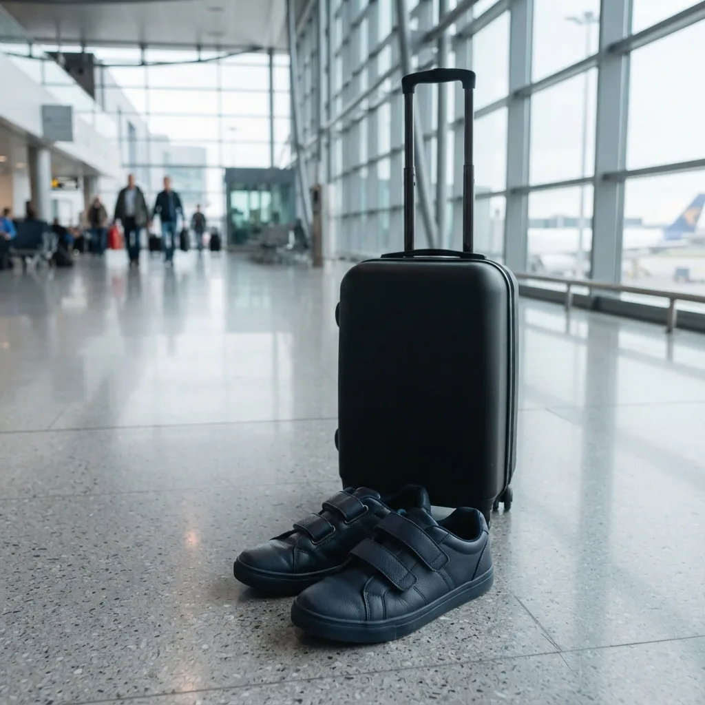 A pair of strap sneakers placed next to a rolling suitcase in a bright terminal