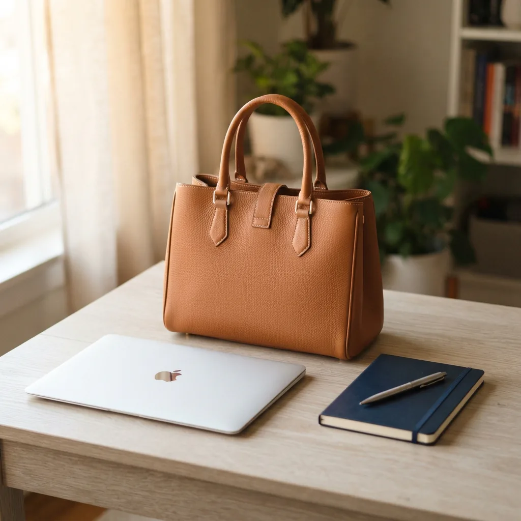 Work-ready handbag with a laptop and a notebook set out for a morning commute on a neutral surface