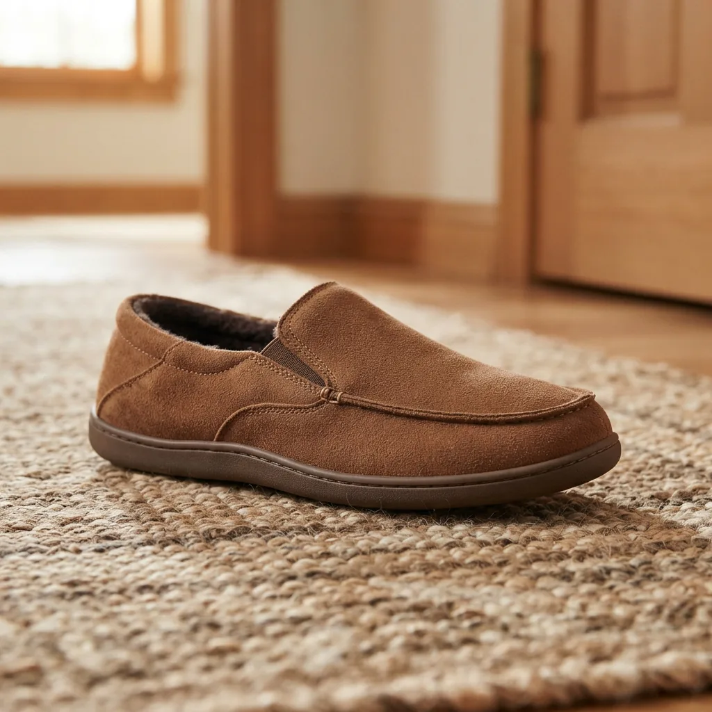 Single men's brown casual soft slipper on a woven hallway rug
