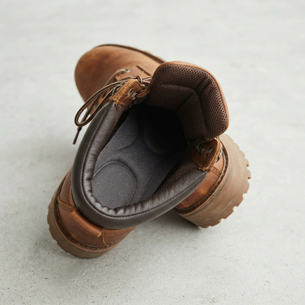 Men's boot tilted to show cushioned insole and padded collar on a light gray studio surface