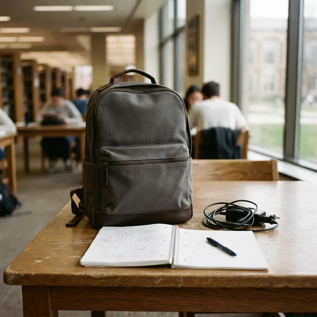 A commuter backpack with a padded laptop sleeve on a library study desk beside an open notebook