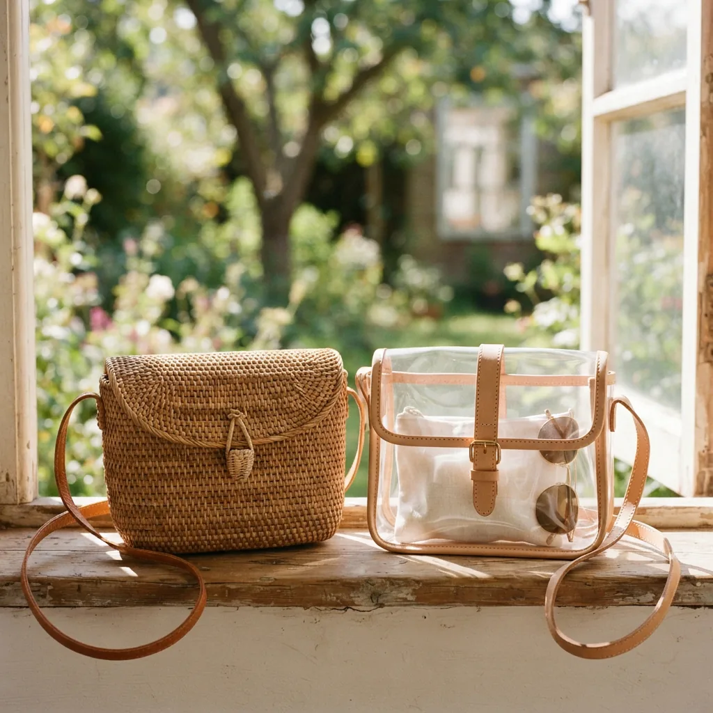 Woven straw crossbody bag and clear panel crossbody bag grouped together on a bright windowsill.