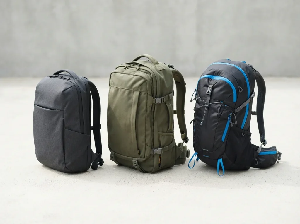 Three types of backpacks arranged in a row on a light studio surface