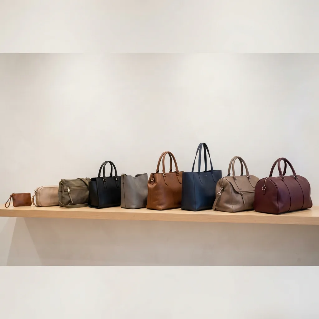 Assortment of purses arranged from lowest to highest price on a shelf