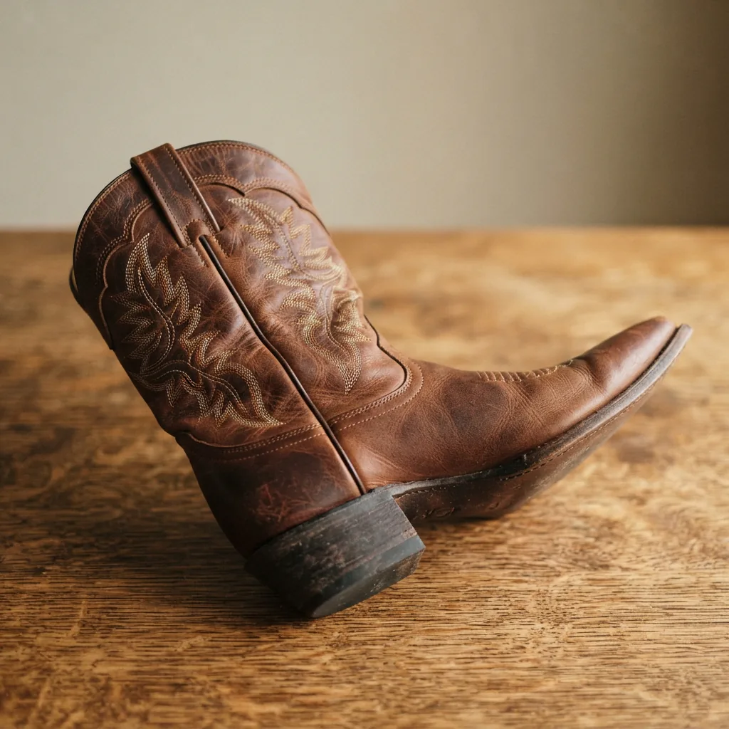 Western boots showing a block heel and a pointed toe detail on a wooden table