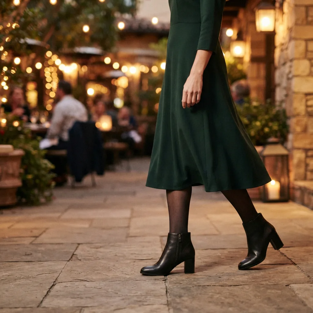 One adult in a dress and heeled ankle booties stepping onto an evening restaurant patio