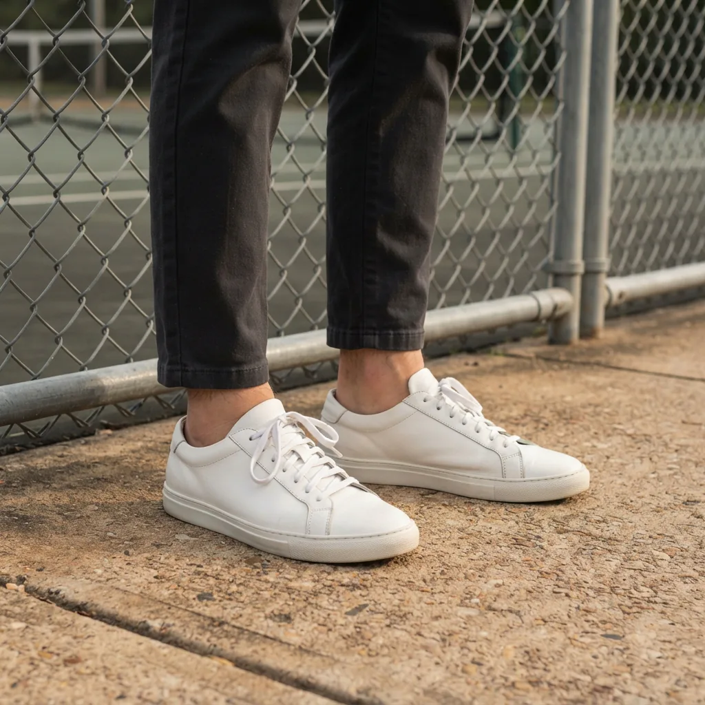 Classic court-style sneakers worn with jeans and standing on a sidewalk near a tennis court