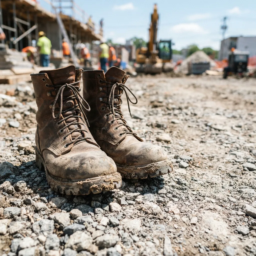 Work boots on uneven gravel at an outdoor construction site at midday.