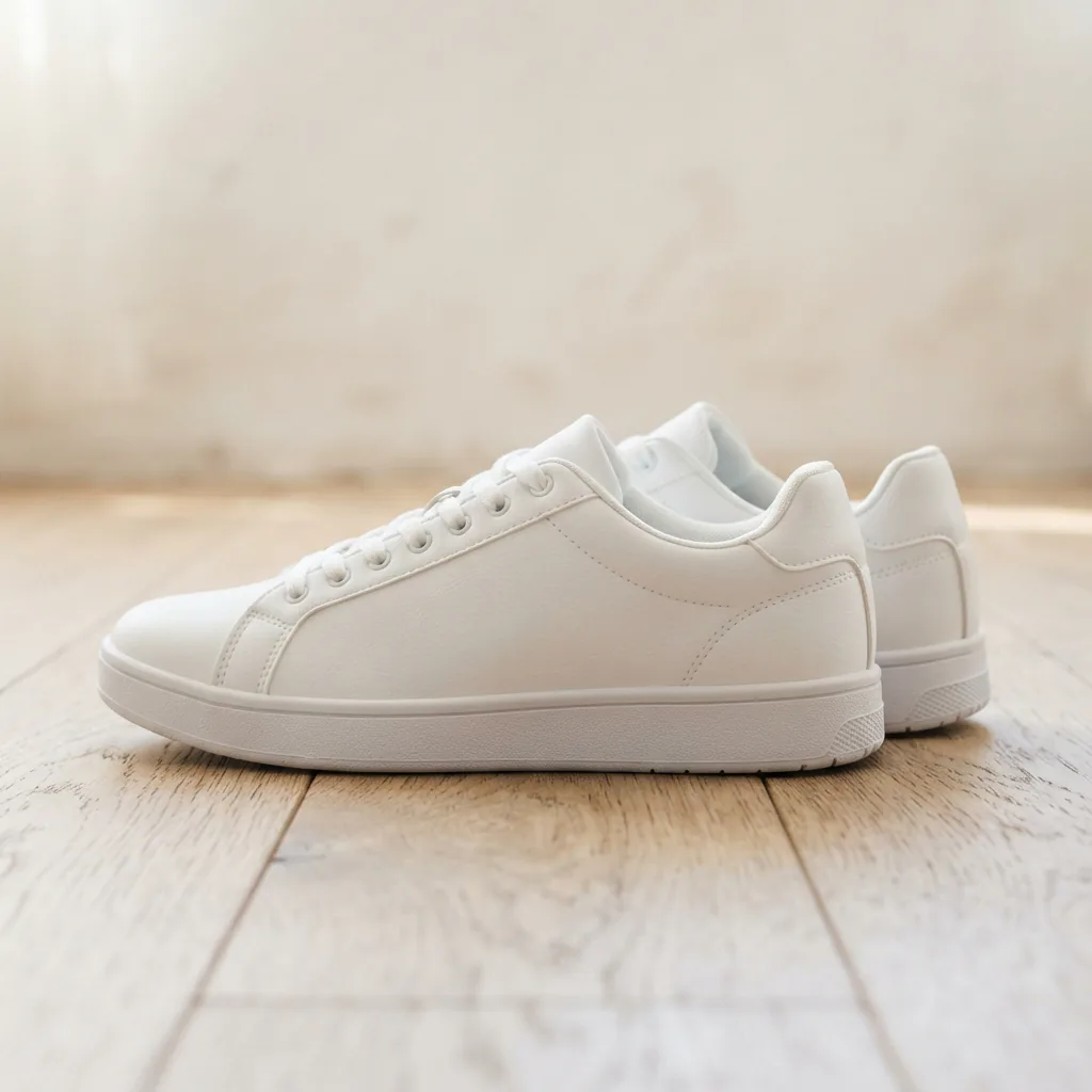 Men's white court sneaker with a clean profile photographed alone on a light wood floor