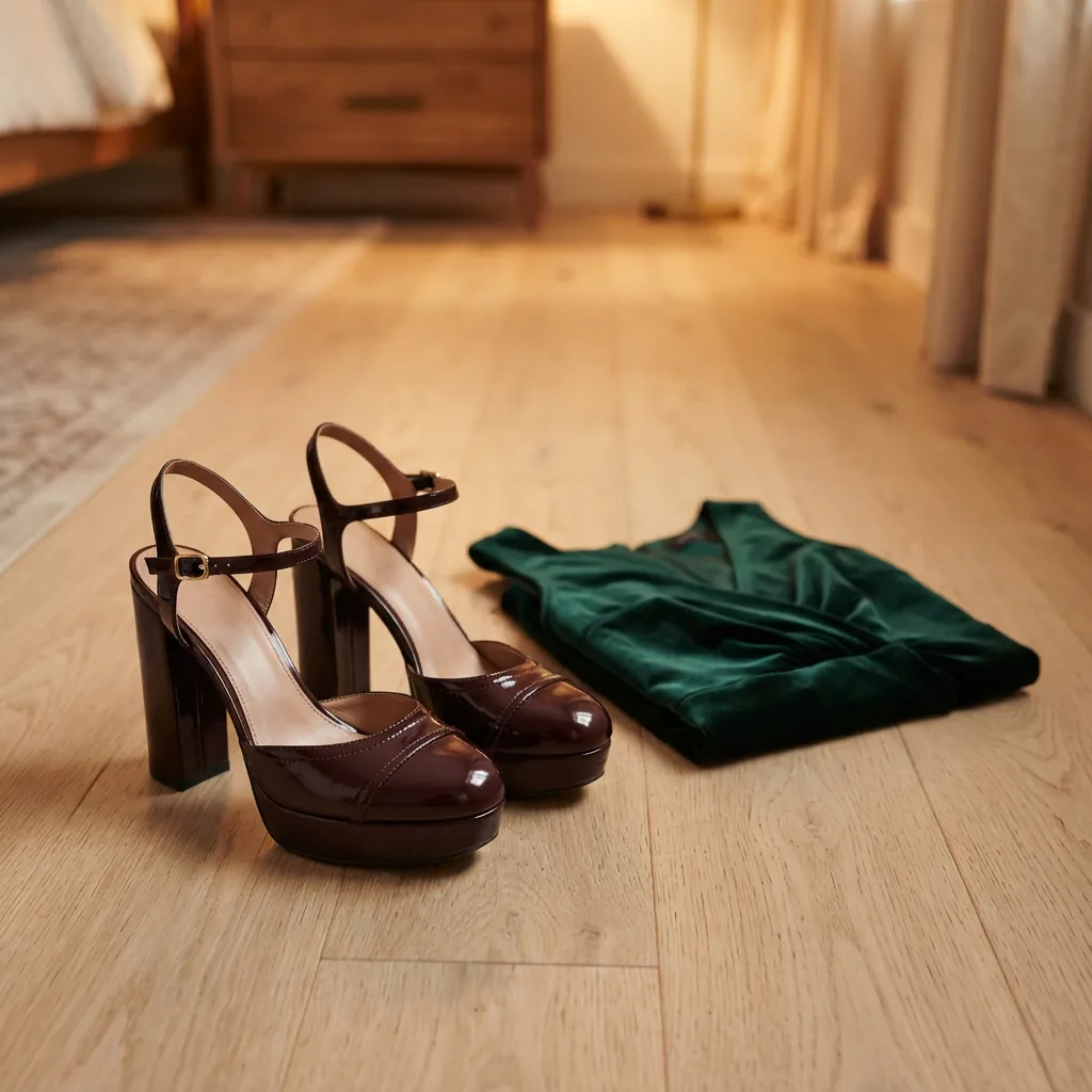 Dressy platform heels placed beside a folded dress for an evening event