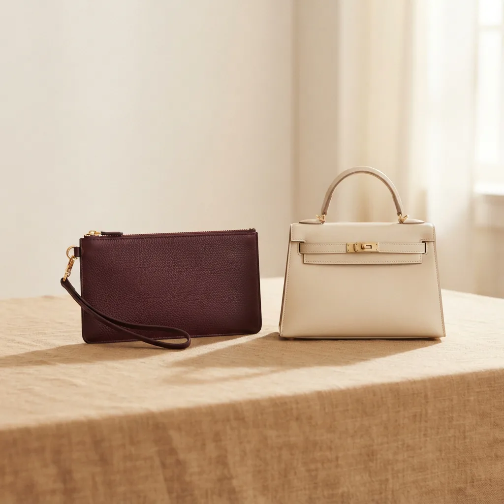 Slim wristlet clutch beside a petite top-handle bag on a warm neutral studio surface