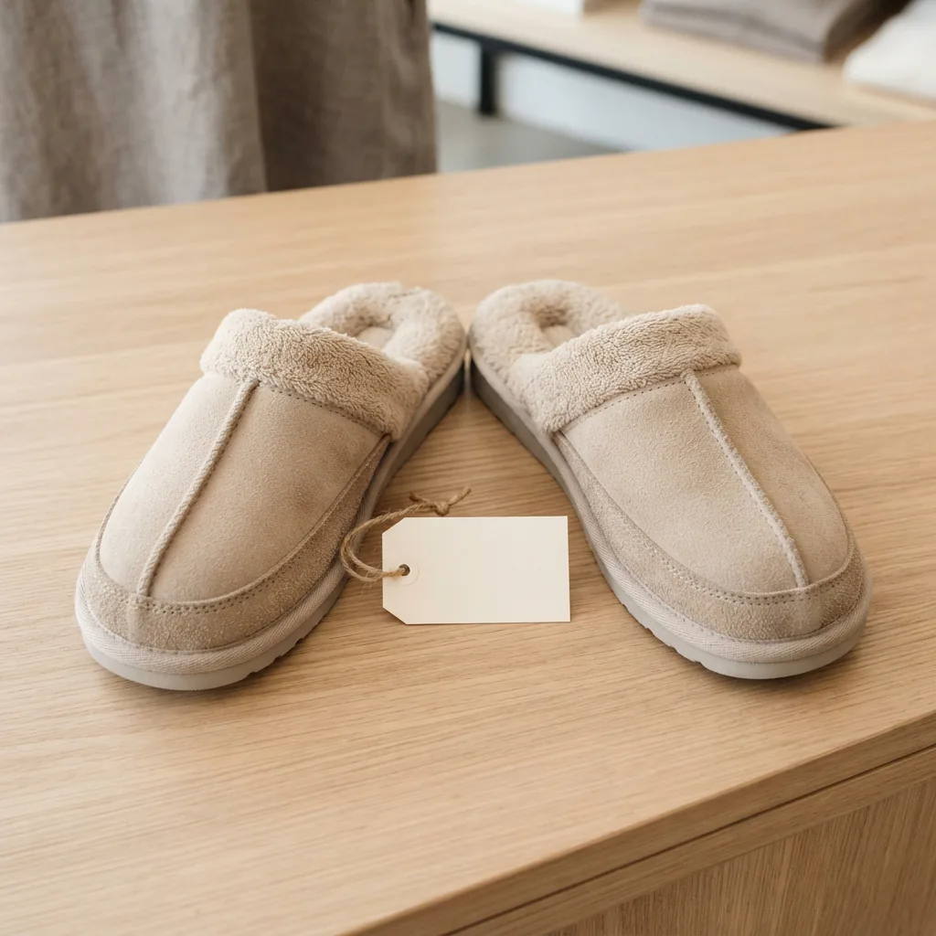 Two slippers arranged on a light counter with a small blank tag resting between them