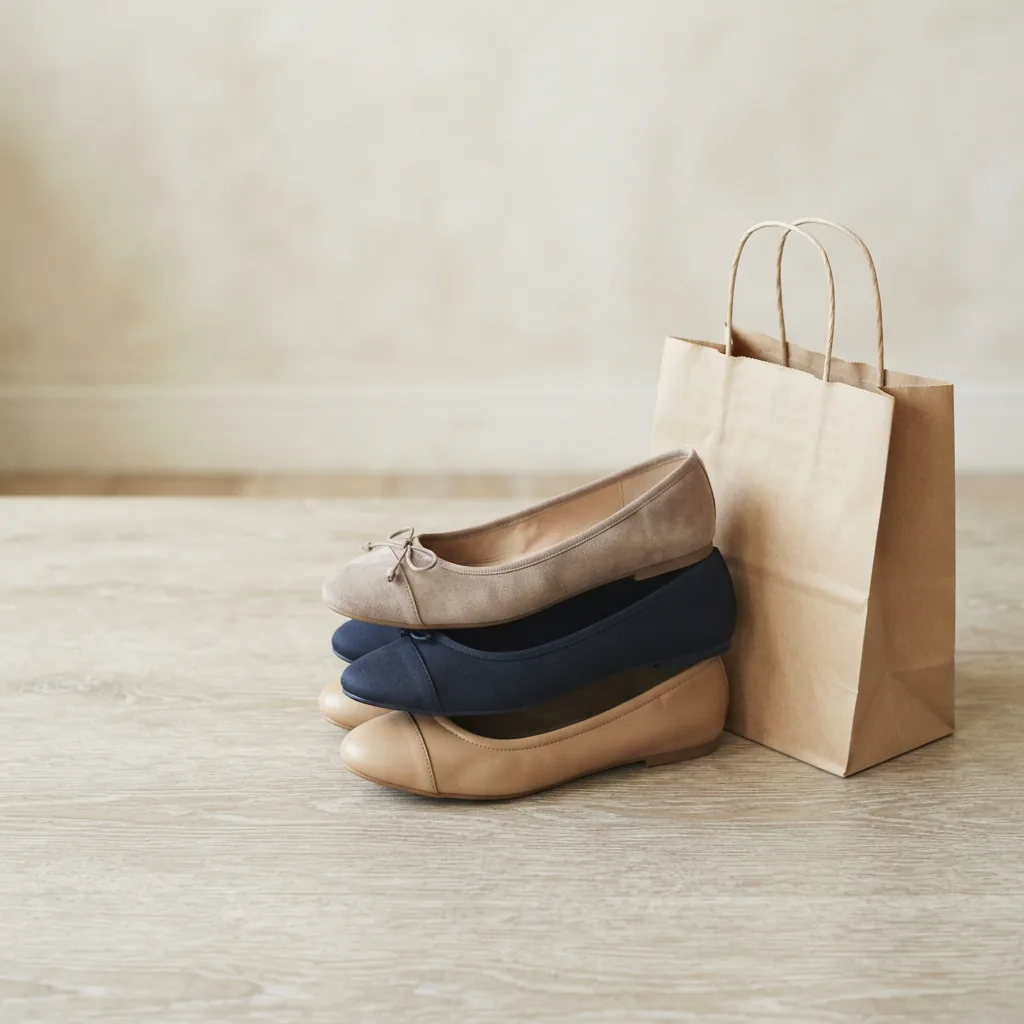 Three ballet flats stacked in a small pile beside a paper bag on a pale surface