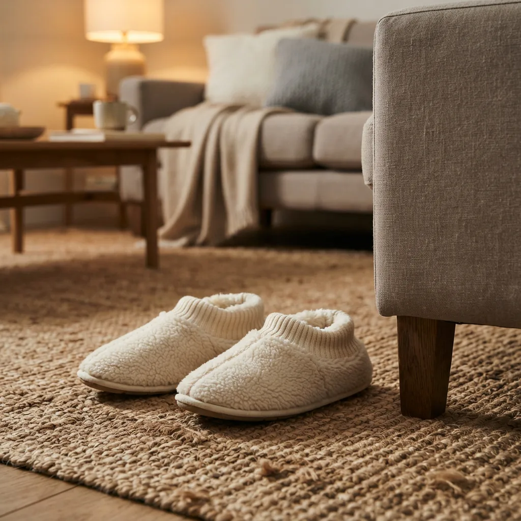Soft plush house slippers resting on a woven rug beside a sofa edge