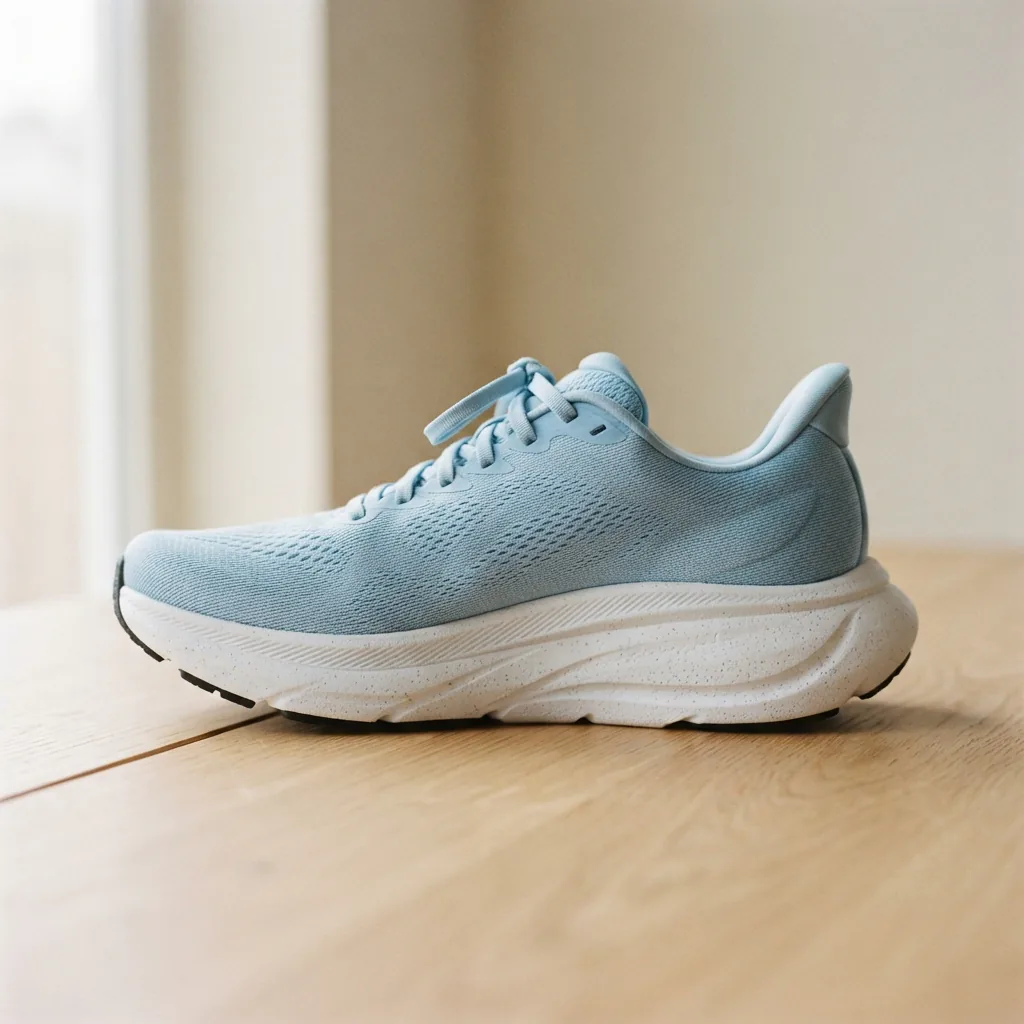 A soft unbranded cushioned running shoe with a thick foam midsole photographed in profile