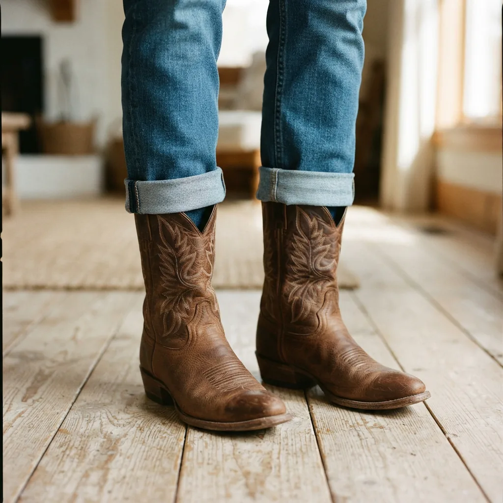 Brown women's western cowboy boots worn with blue jeans on a pale wooden floor