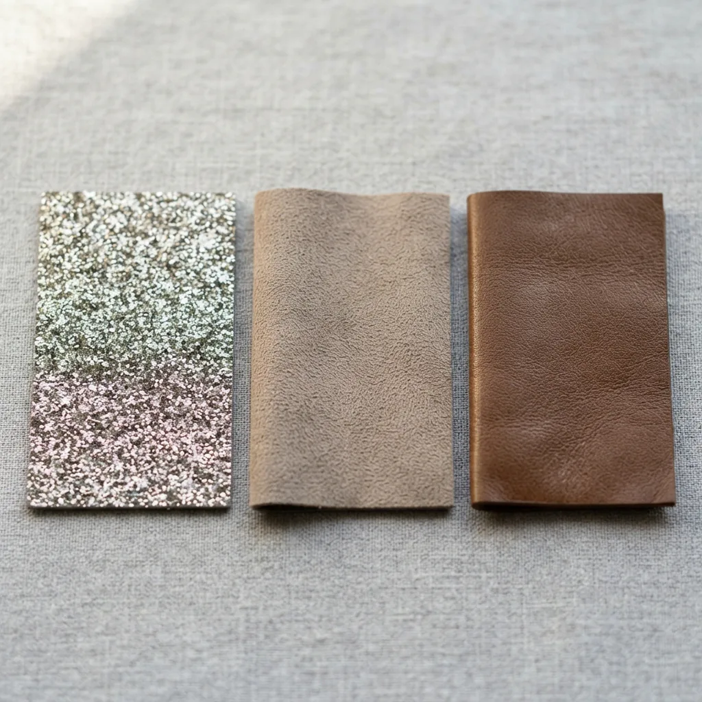 Close-up of glitter, faux suede and leather purse materials side by side