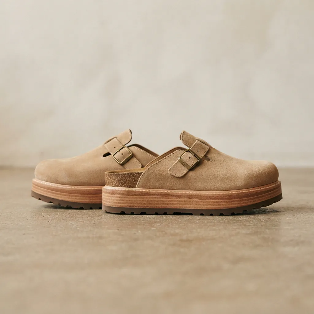 Pair of platform clogs shown from the side to highlight sole height