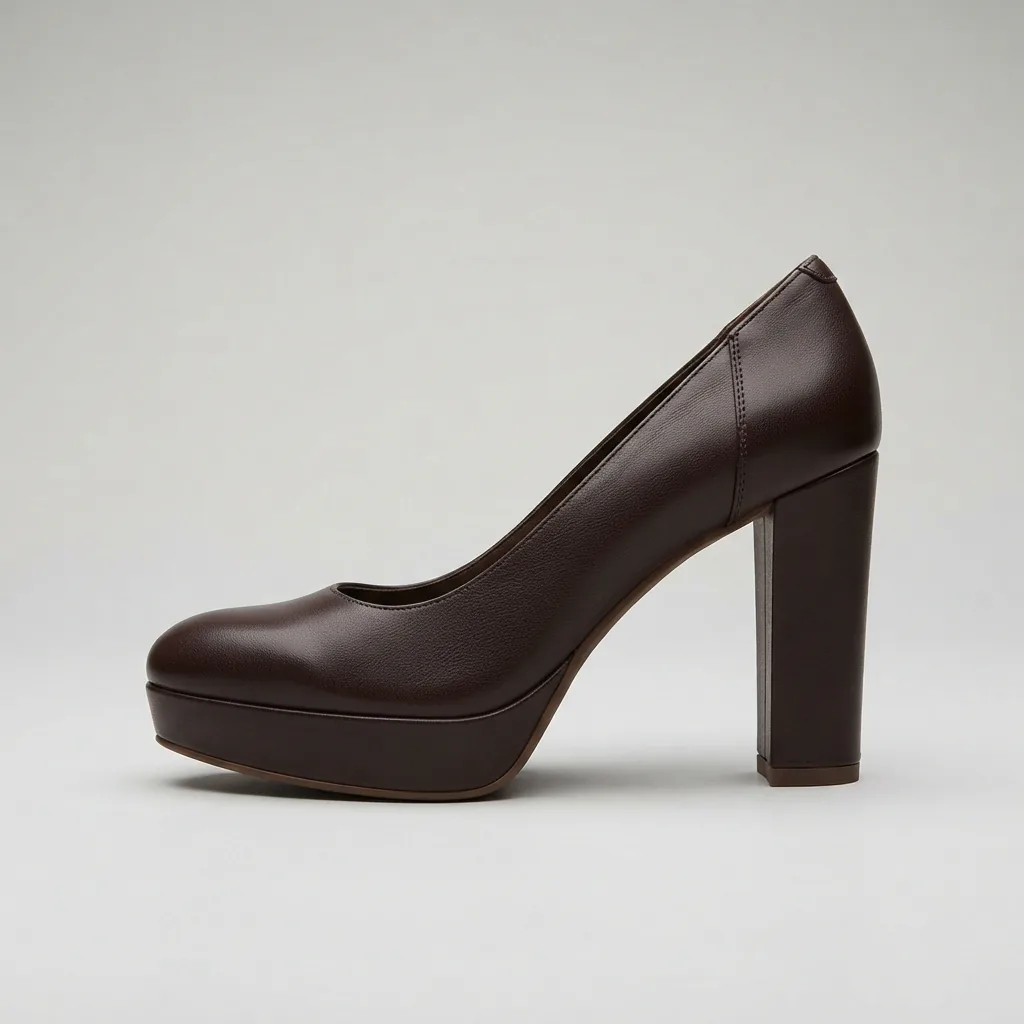 Closed-toe women's platform pump with a chunky heel on a neutral studio surface