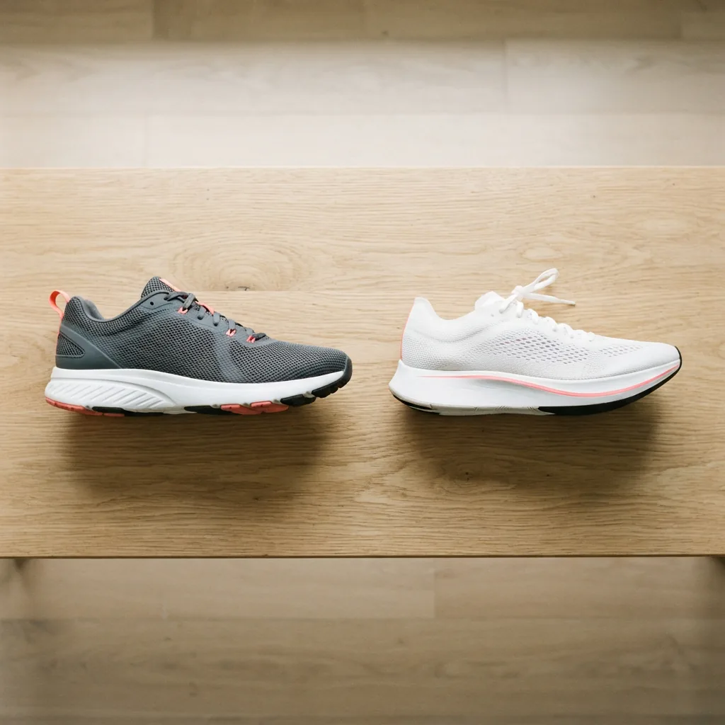 Flat lay of a versatile everyday trainer beside a specialized lightweight racing shoe on a wooden bench