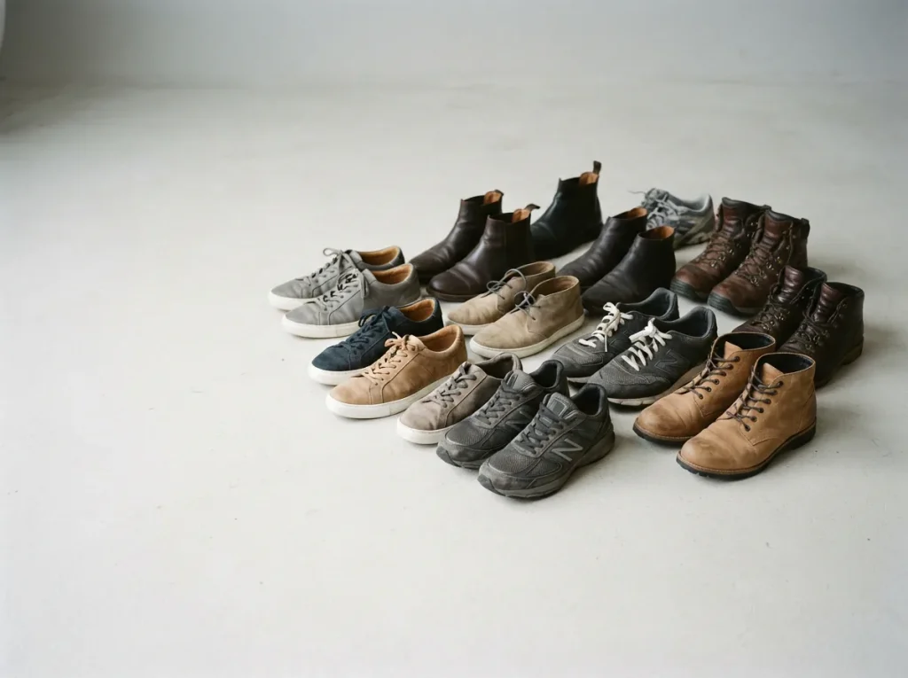 Assortment of men's shoes in sneaker, running and boot styles grouped on a studio floor