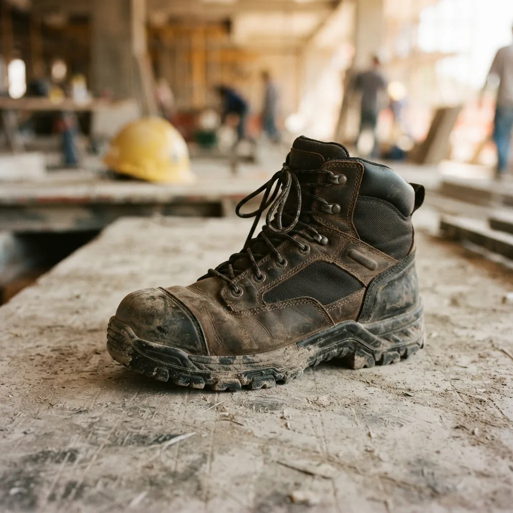 Men's steel toe work boot resting on a dusty concrete slab with hard hat blurred behind