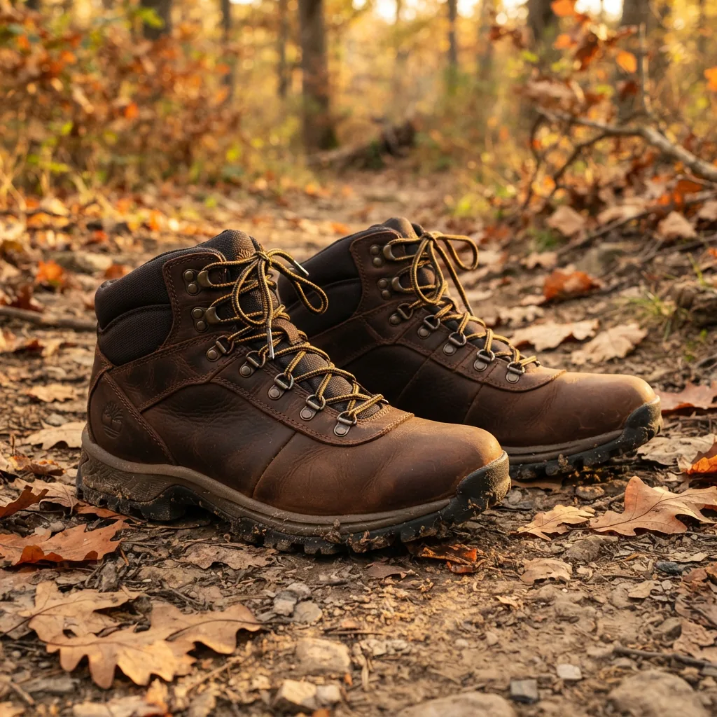 Timberland Mt. Maddsen men's hiking boots on dry autumn trail dirt