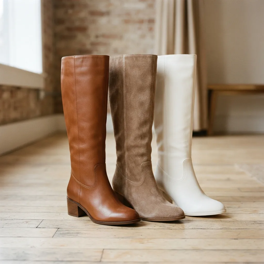 Three unbranded knee high boots in smooth leather, suede and white faux leather grouped on a studio floor