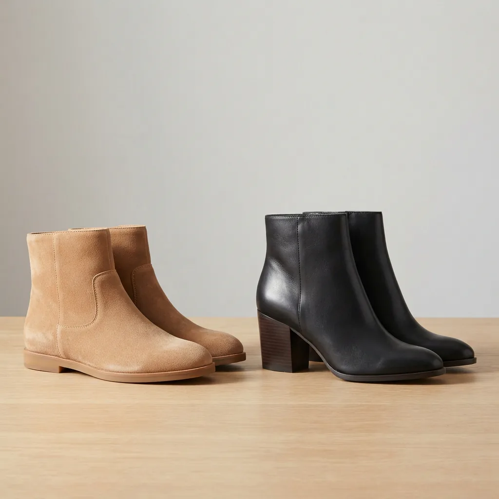 Two pairs of ankle booties side by side, one flat and one with a block heel, on a light studio surface