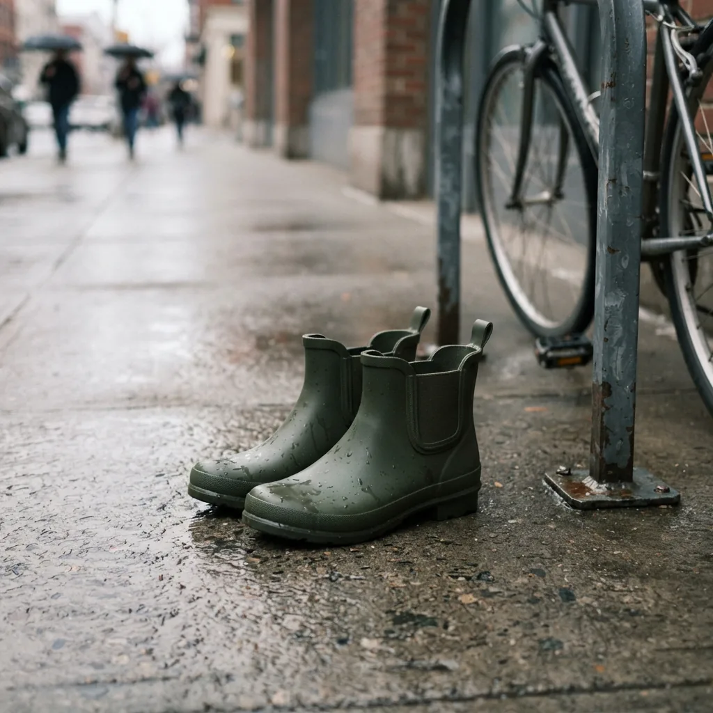 Ankle-height rain boots on wet pavement beside a bicycle rack