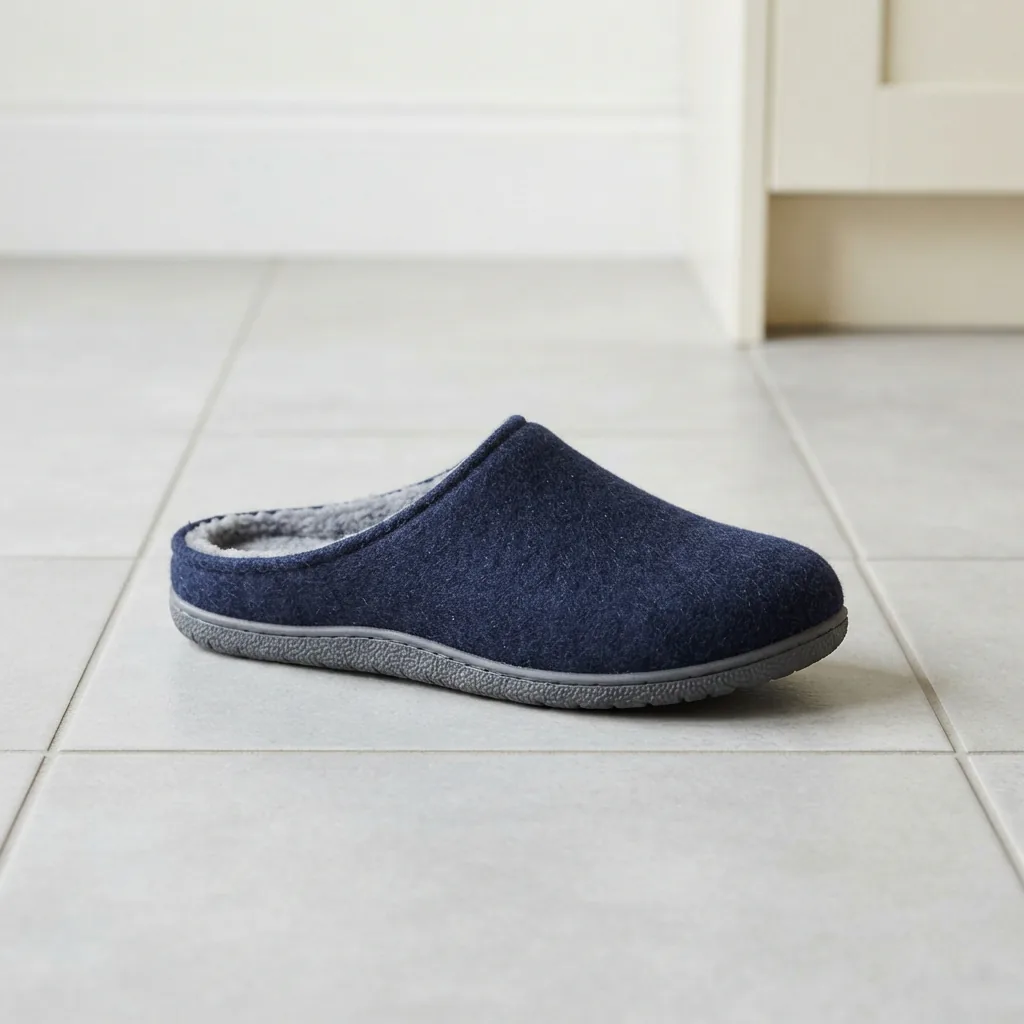 Single men's navy open-back clog slipper on a light tiled floor