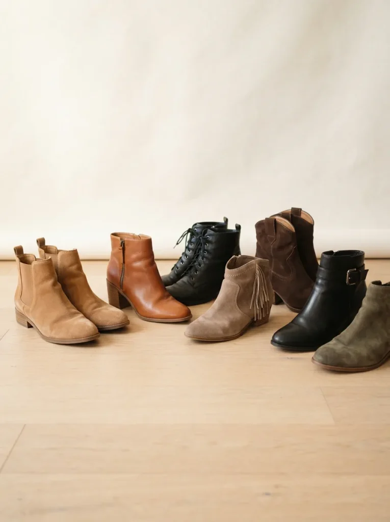 An assortment of women's ankle booties in suede and leather arranged on a light studio surface
