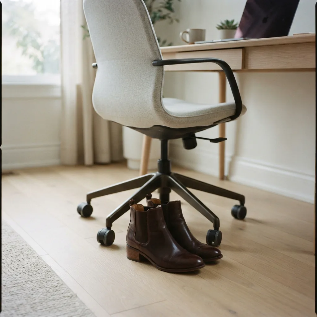 Sleek leather women's ankle boots placed under a light office desk chair