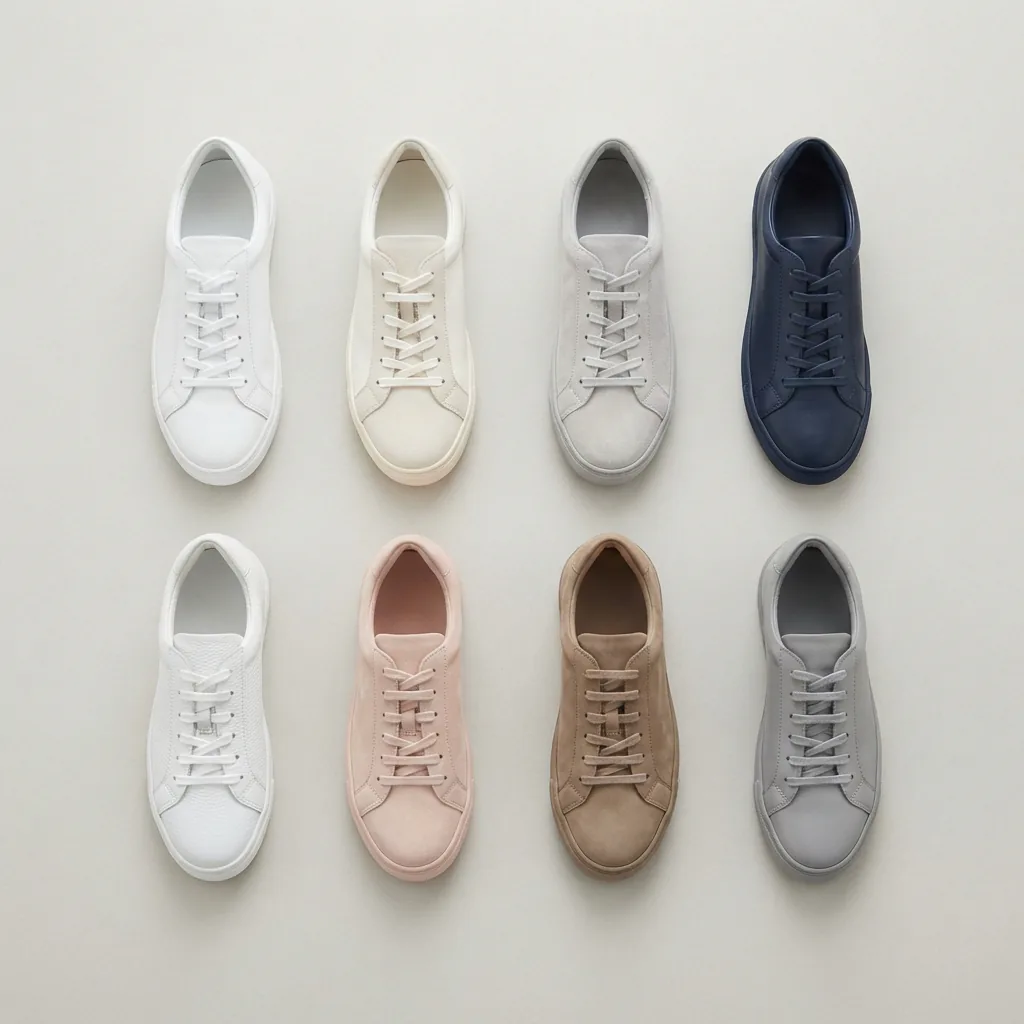 Assorted low-top women's sneakers in varied colors arranged in a neat grid on a light surface