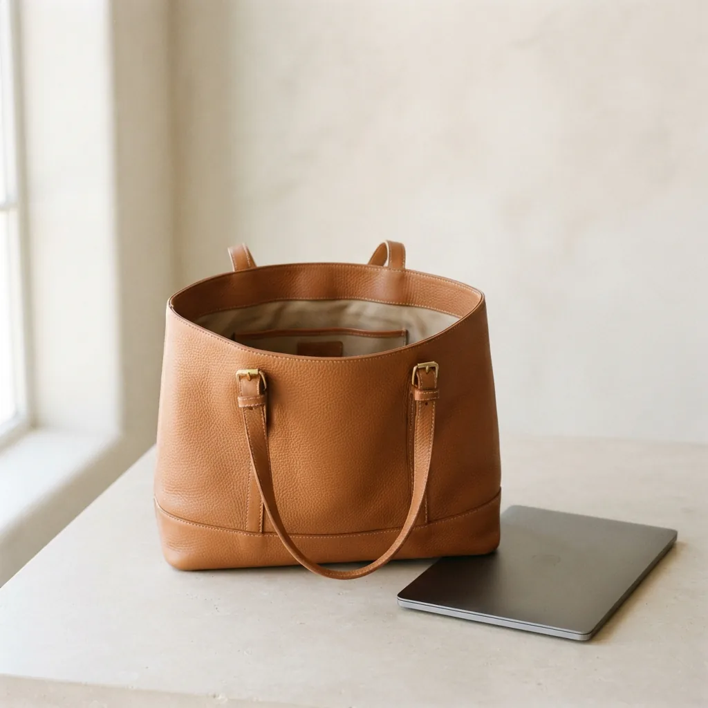 Classic roomy handbag standing open on a neutral surface beside a laptop for scale