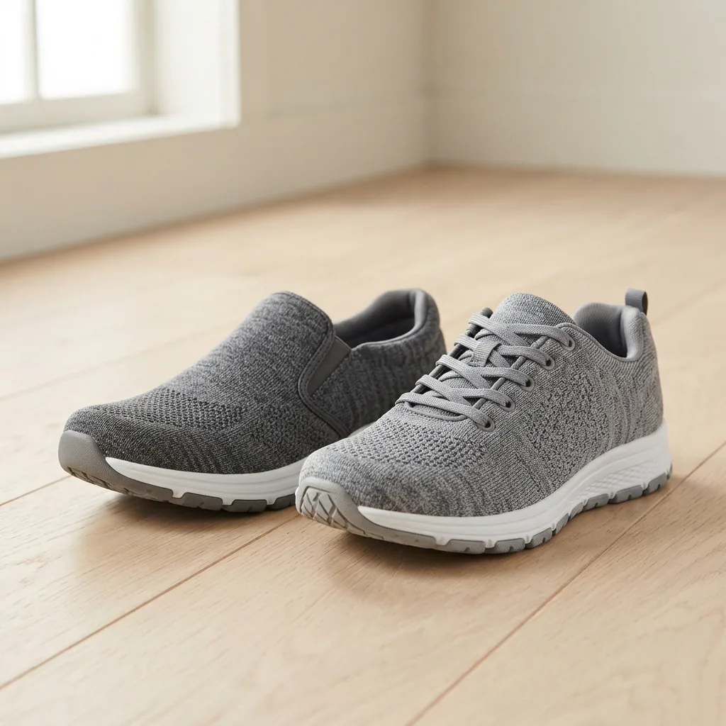 One lace-up walking sneaker and one slip-on walking sneaker placed side by side on a floor