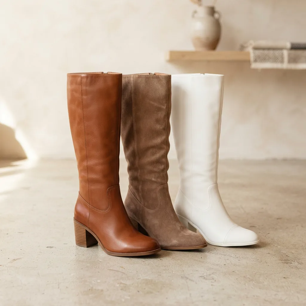 Unbranded knee high boots in leather, suede and white faux leather grouped on a neutral floor