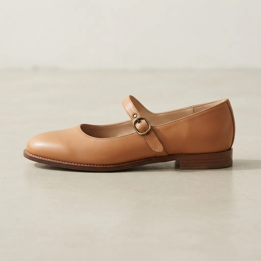 A single unbranded Mary Jane flat with an adjustable strap shown in side profile